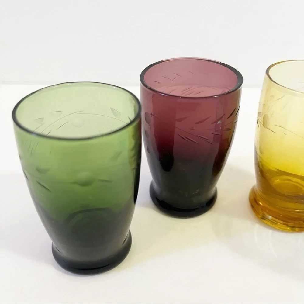 Depression Glass Wheat Pattern Cordial Shot Glass Multicolor Hand Cut Liqueur 4x